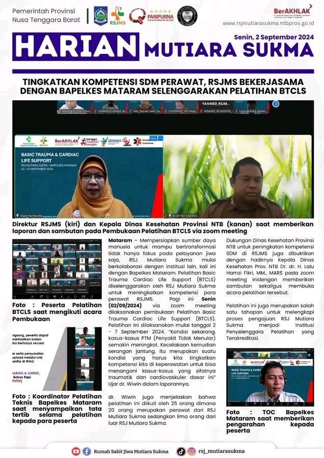 TINGKATKAN KOMPETENSI SDM PERAWAT, RSJMS BEKERJASAMA DENGAN BAPELKES MATARAM SELENGGARAKAN PELATIHAN BTCLS